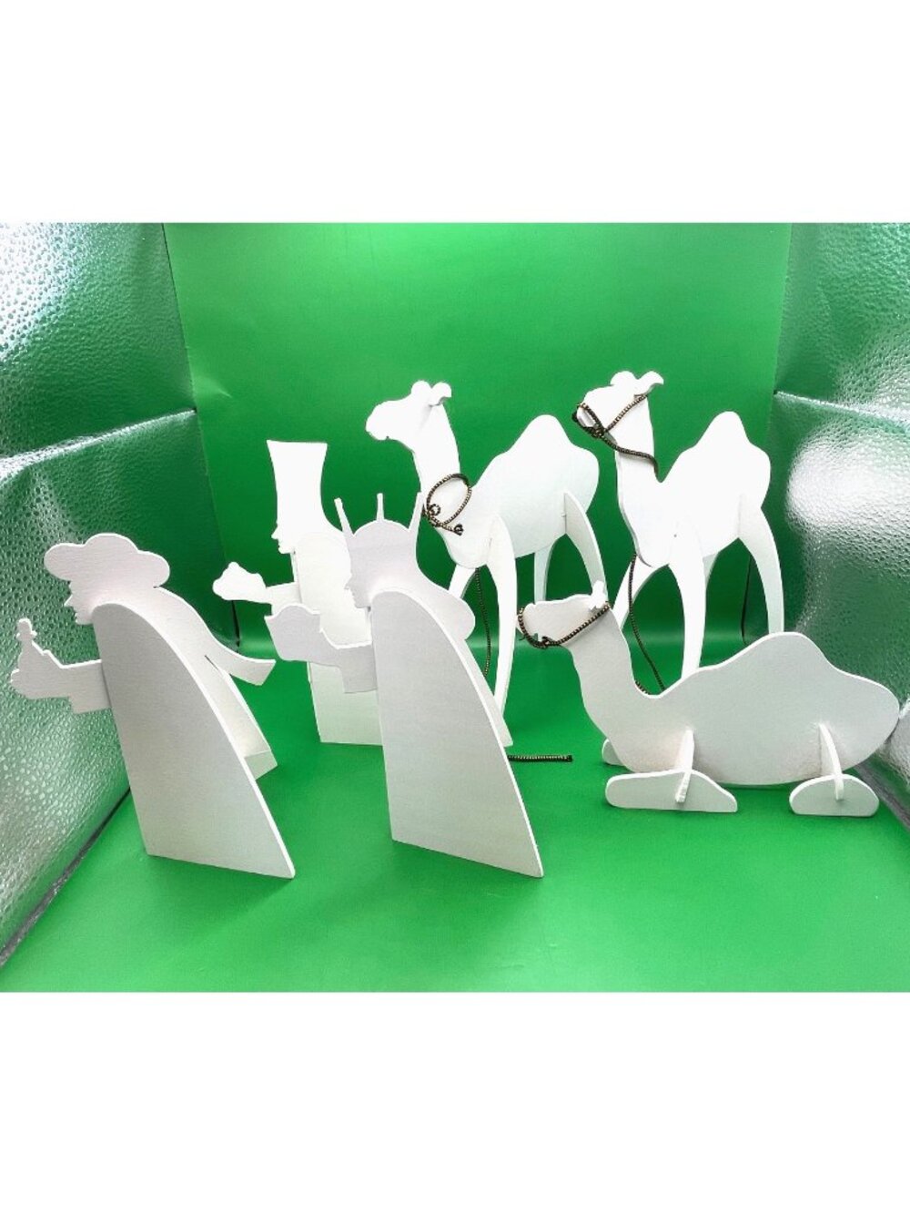 VTG Handmade Wooden Wise Men & Camel Nativity Mantle Set White Silhouette Décor